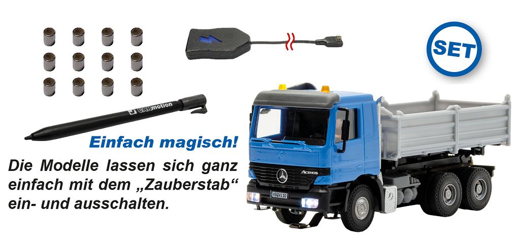 Viessmann 8000 - H0 CarMotion Basic Starter Set, MB ACTROS tipper truck with rotating beacons, blue