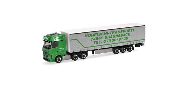 Herpa 320856 - Mercedes-Benz Actros L Gigaspace curtain-sided semi-trailer truck "Horeischi Transporte"