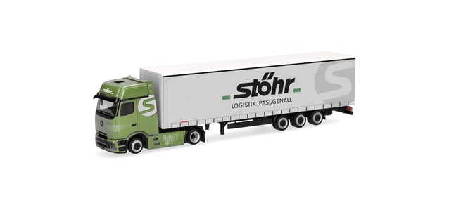 Herpa 320955 - Mercedes-Benz Actros L ProCabin Gigaspace tarpaulin-covered semi-trailer truck "Stöhr Logistik"