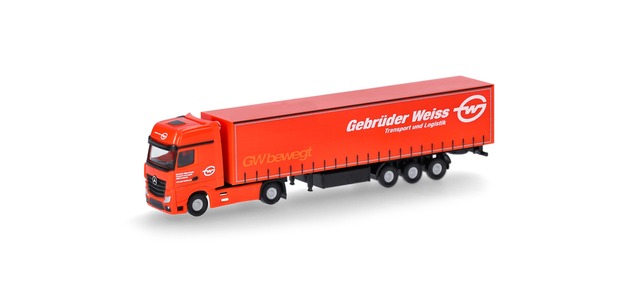 Herpa 066891 - Mercedes-Benz Actros Gigaspace curtain-sided semi-trailer truck "Gebrüder Weiss" (N gauge, Austria)